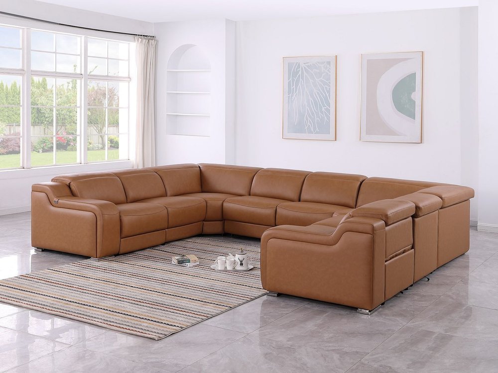 Chestnut Italian Leather Power Reclining U Shaped Eight Piece Corner Sectional with Console