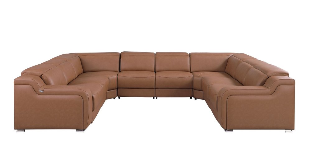Chestnut Italian Leather Power Reclining U Shaped Eight Piece Corner Sectional with Console