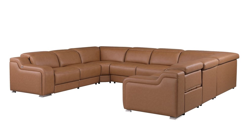 Chestnut Italian Leather Power Reclining U Shaped Eight Piece Corner Sectional with Console