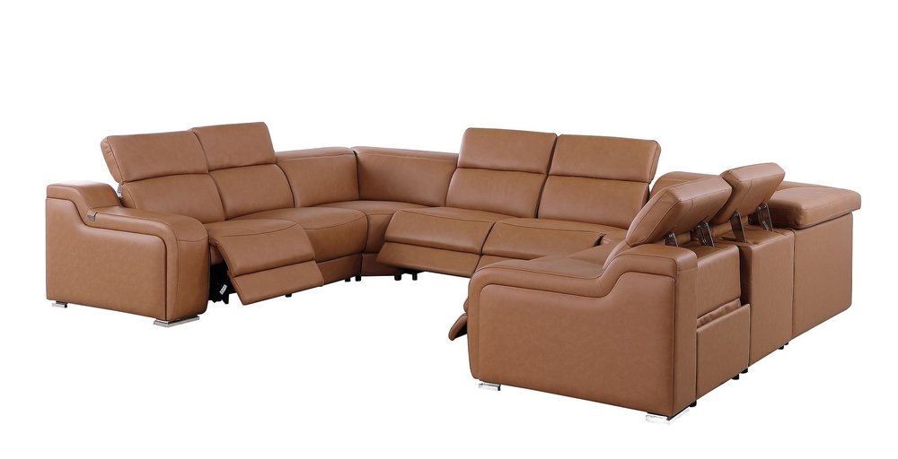 Chestnut Italian Leather Power Reclining U Shaped Eight Piece Corner Sectional with Console