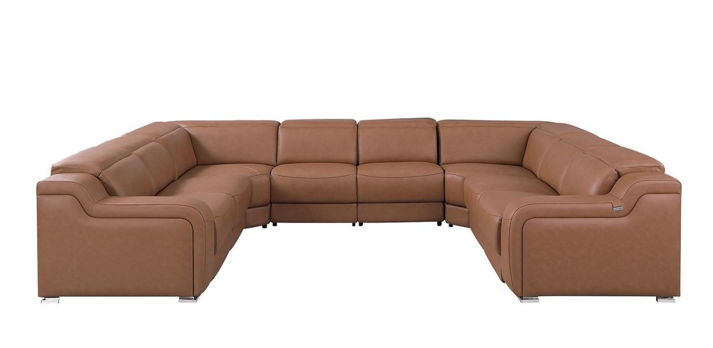 Chestnut Italian Leather Power Reclining U Shaped Eight Piece Corner Sectional with Console