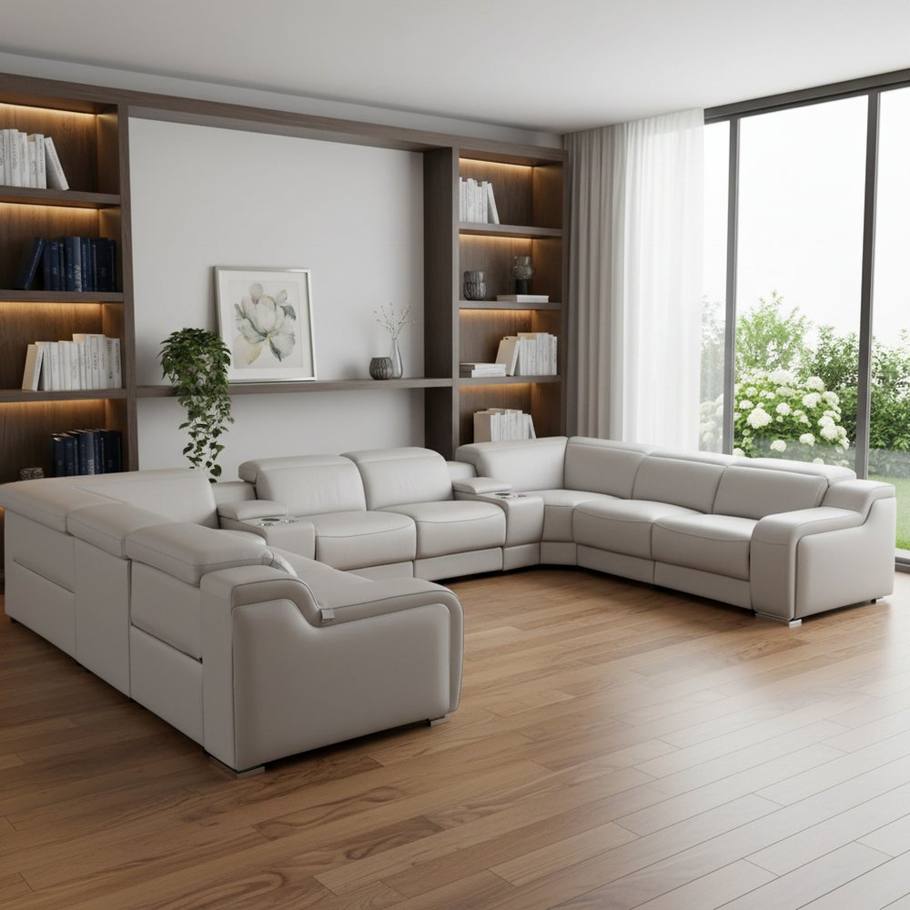 Light Gray Italian Leather Power Reclining U Shaped Ten Piece Corner Sectional with Console