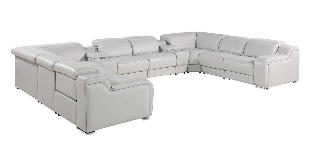 Light Gray Italian Leather Power Reclining U Shaped Ten Piece Corner Sectional with Console