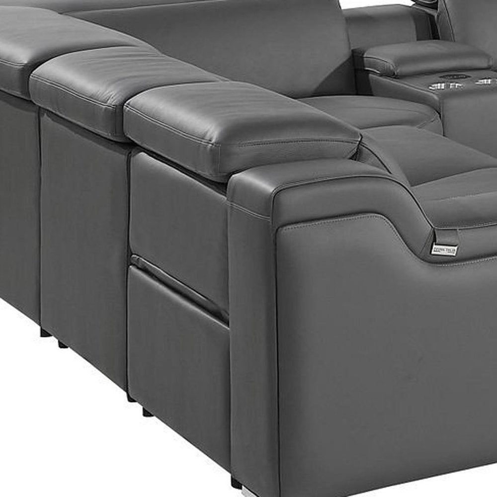 Dark Gray Italian Leather Power Reclining U Shaped Ten Piece Corner Sectional with Console