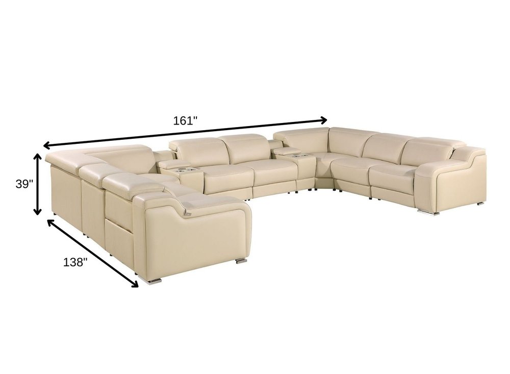 Beige Italian Leather Power Reclining U Shaped Ten Piece Corner Sectional with Console