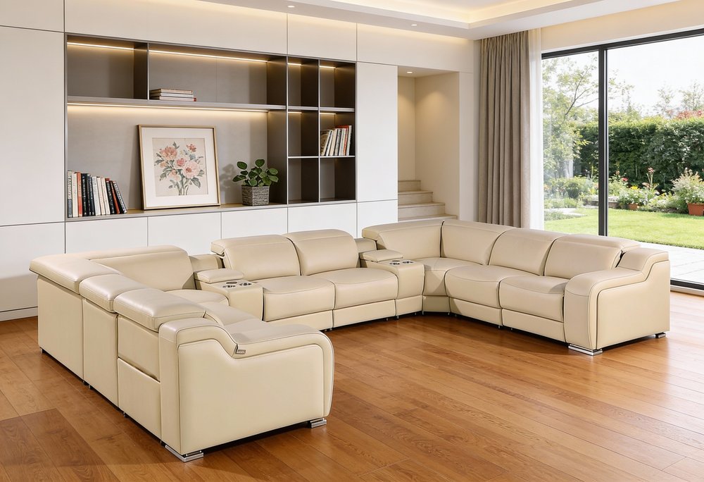 Beige Italian Leather Power Reclining U Shaped Ten Piece Corner Sectional with Console
