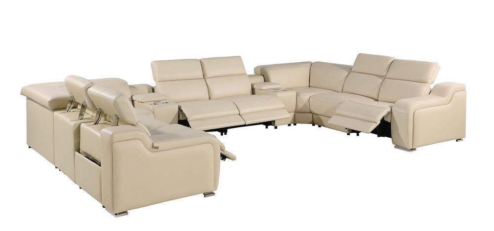 Beige Italian Leather Power Reclining U Shaped Ten Piece Corner Sectional with Console