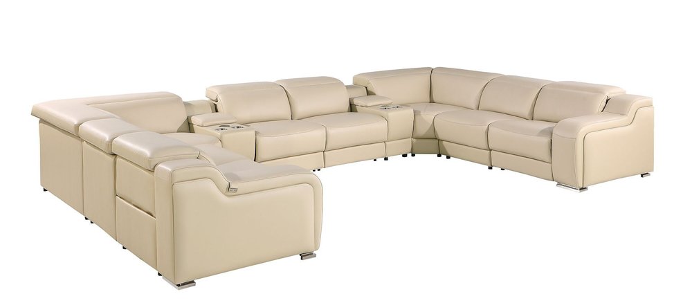 Beige Italian Leather Power Reclining U Shaped Ten Piece Corner Sectional with Console