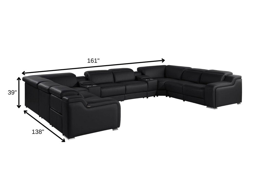 Black Italian Leather Power Reclining U Shaped Ten Piece Corner Sectional with Console