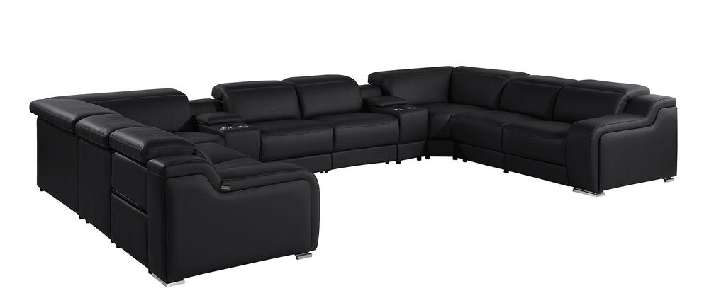 Black Italian Leather Power Reclining U Shaped Ten Piece Corner Sectional with Console