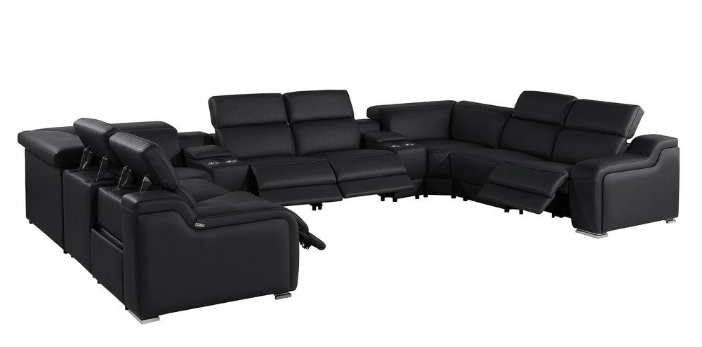 Black Italian Leather Power Reclining U Shaped Ten Piece Corner Sectional with Console