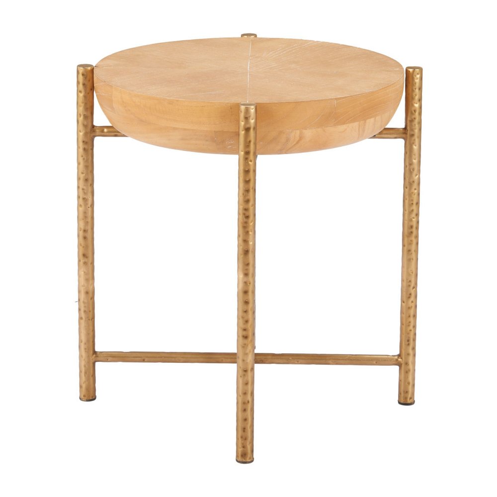 Natural and Gold Wood and Stainless Steel Round End Table - 22-inch