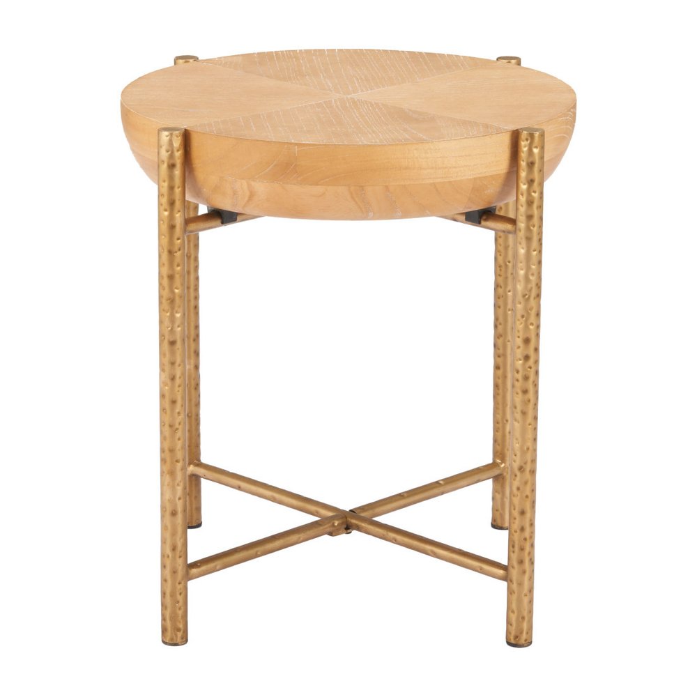 Natural and Gold Wood and Stainless Steel Round End Table - 22-inch