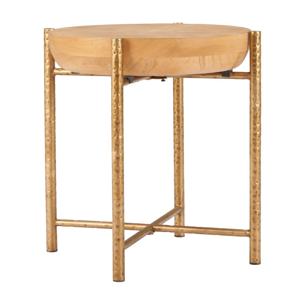 Natural and Gold Wood and Stainless Steel Round End Table - 22-inch