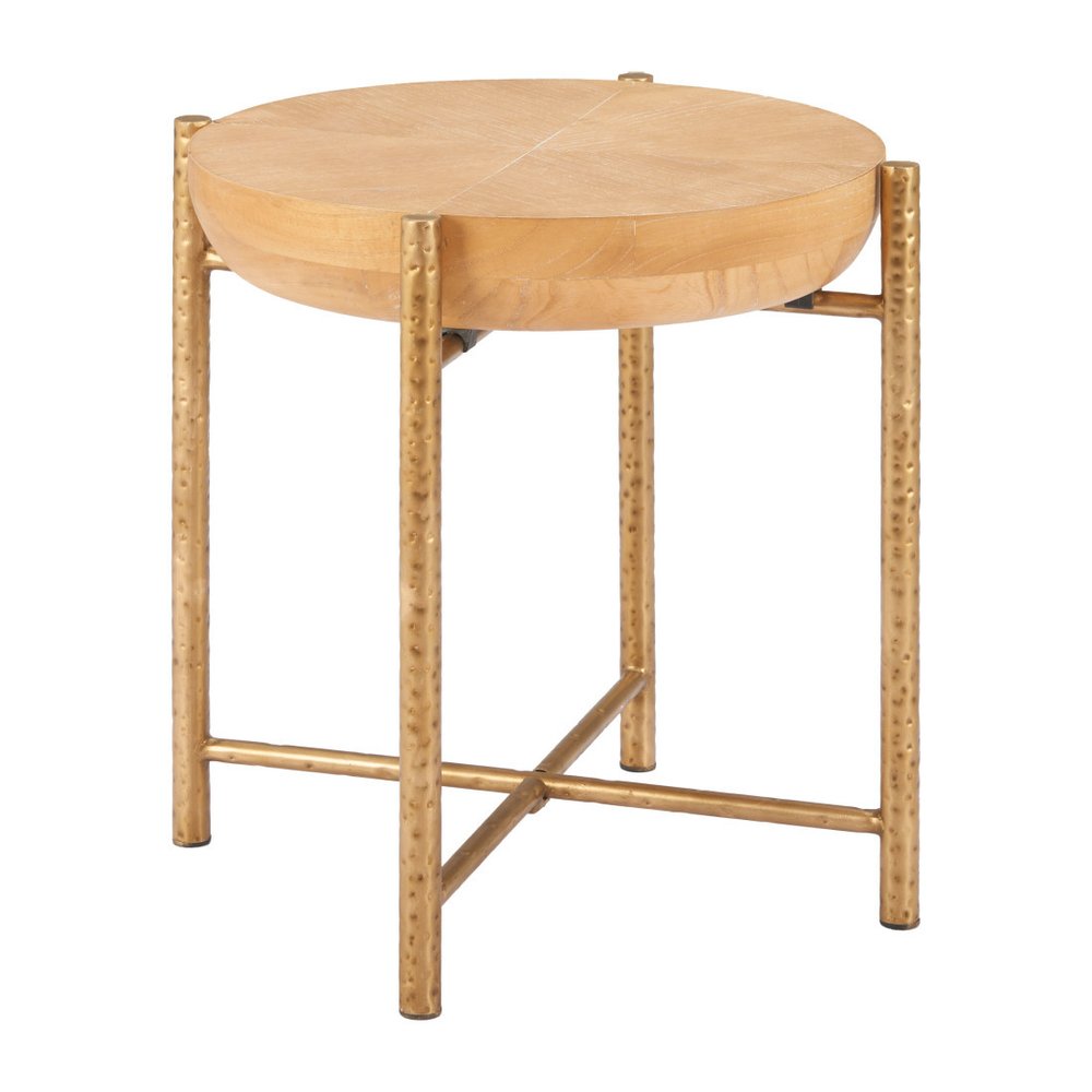 Natural and Gold Wood and Stainless Steel Round End Table - 22-inch