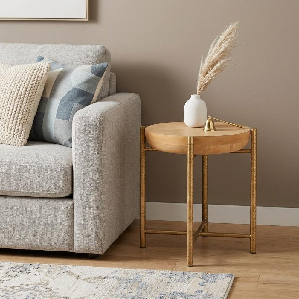 Natural and Gold Wood and Stainless Steel Round End Table - 22-inch