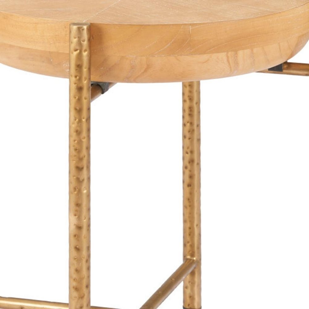 Natural and Gold Wood and Stainless Steel Round End Table - 22-inch
