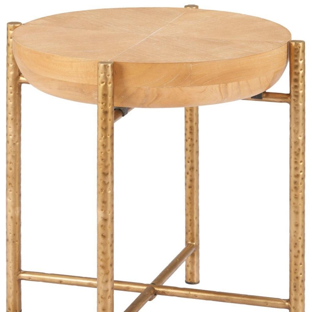 Natural and Gold Wood and Stainless Steel Round End Table - 22-inch