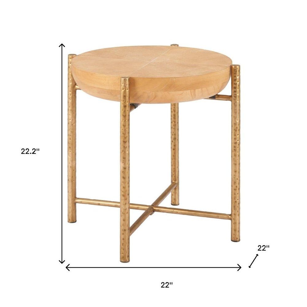 Natural and Gold Wood and Stainless Steel Round End Table - 22-inch