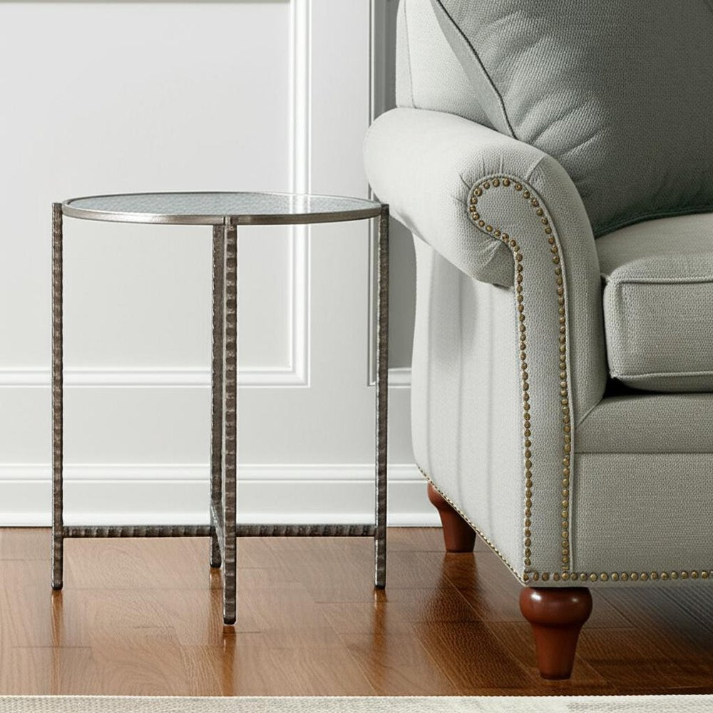 Clear and Silver Glass and Distressed Steel Round End Table - 22-inch