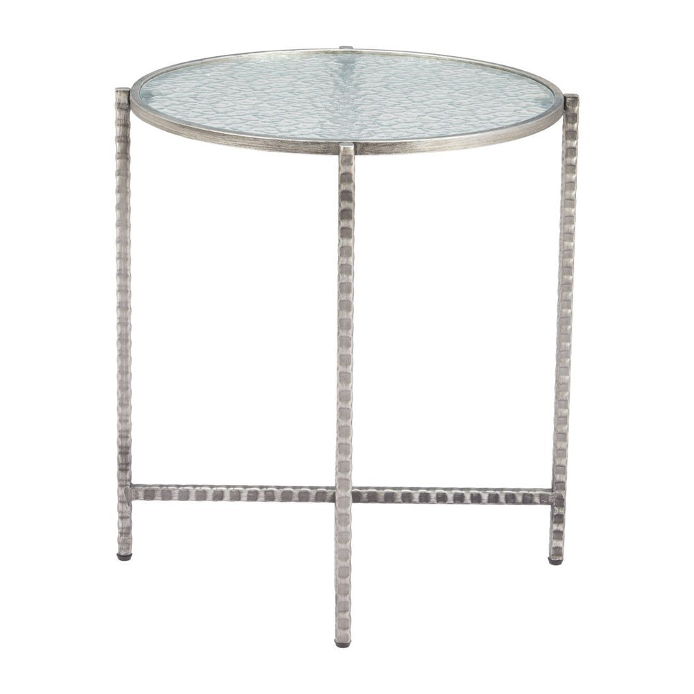 Clear and Silver Glass and Distressed Steel Round End Table - 22-inch