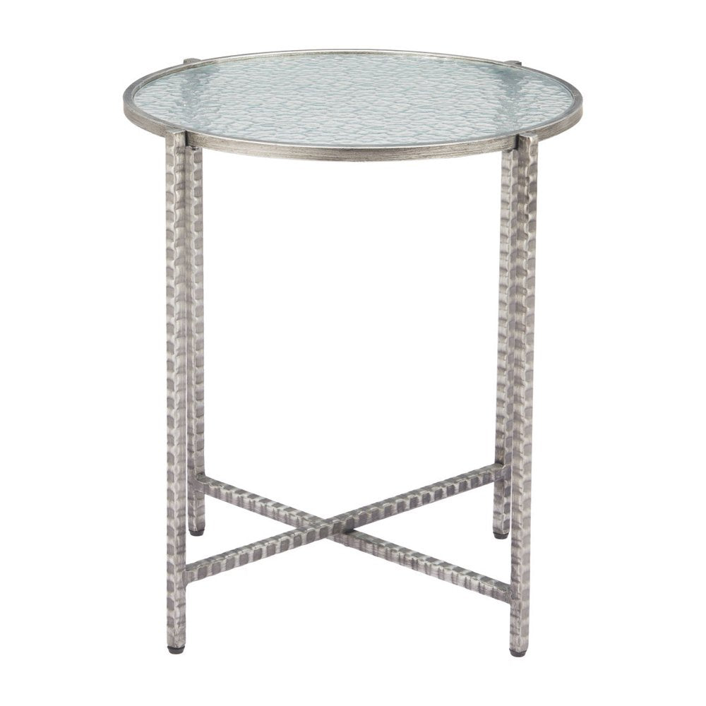 Clear and Silver Glass and Distressed Steel Round End Table - 22-inch