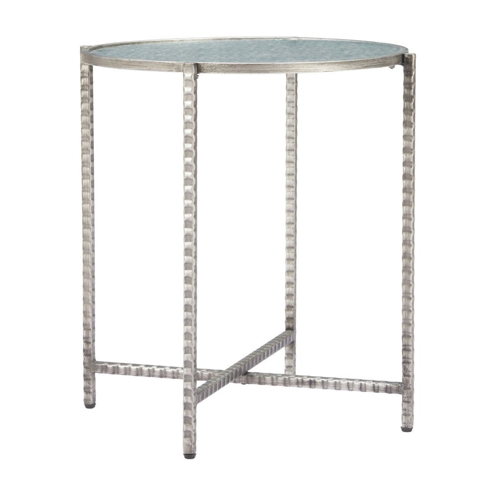 Clear and Silver Glass and Distressed Steel Round End Table - 22-inch