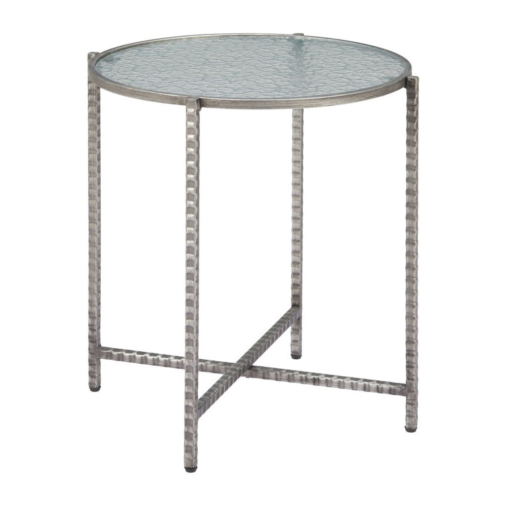 Clear and Silver Glass and Distressed Steel Round End Table - 22-inch