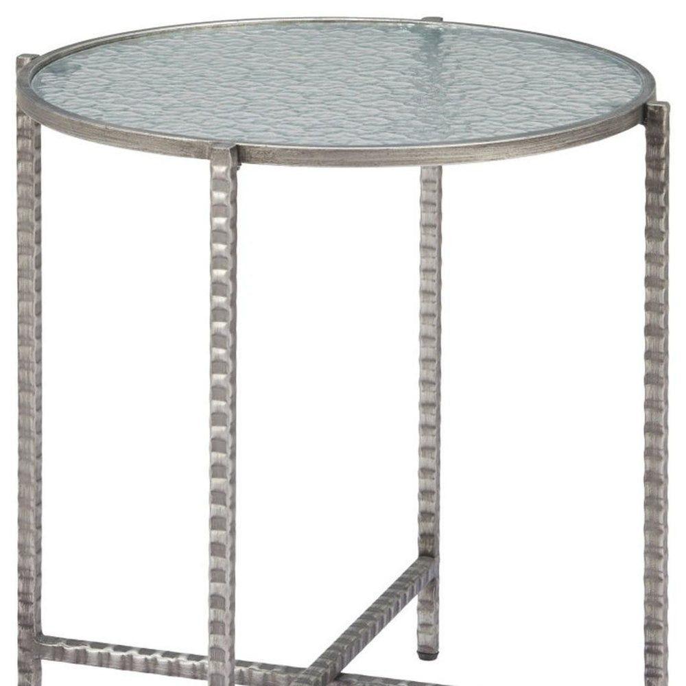 Clear and Silver Glass and Distressed Steel Round End Table - 22-inch
