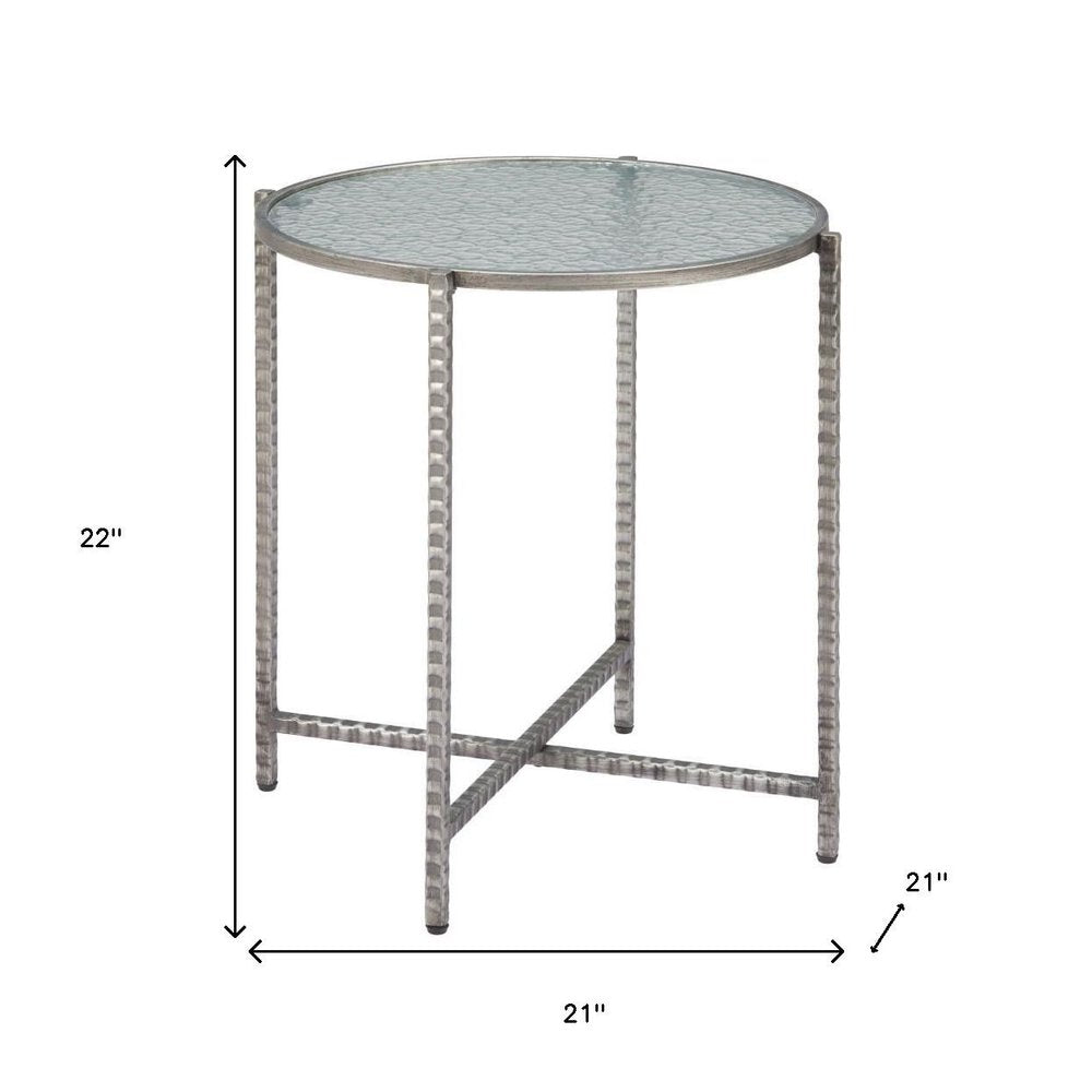 Clear and Silver Glass and Distressed Steel Round End Table - 22-inch
