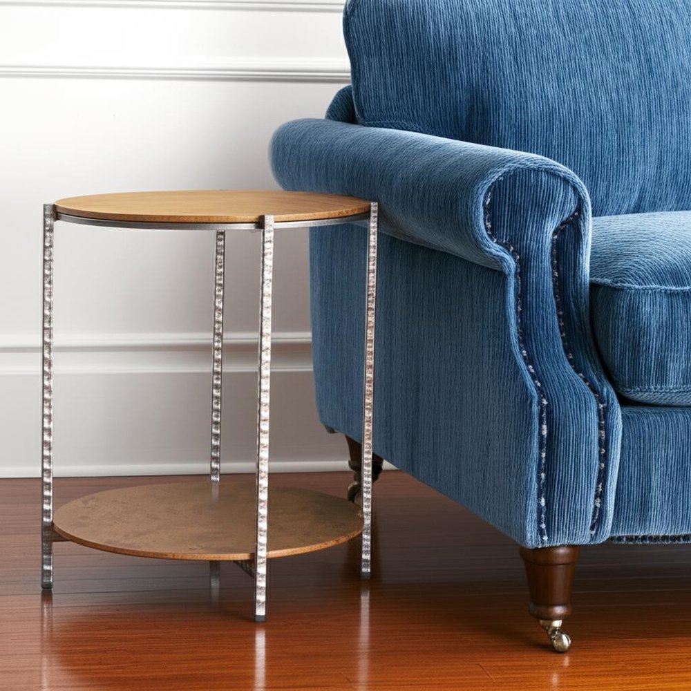 Natural and Silver Wood and Steel Round End Table with Shelf - 22-inch