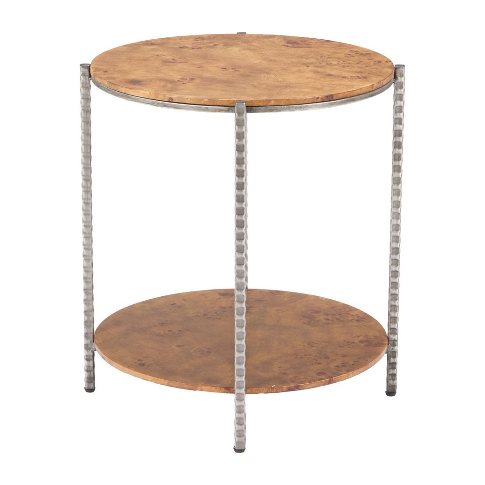 Natural and Silver Wood and Steel Round End Table with Shelf - 22-inch