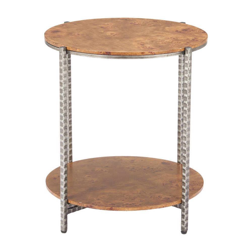 Natural and Silver Wood and Steel Round End Table with Shelf - 22-inch