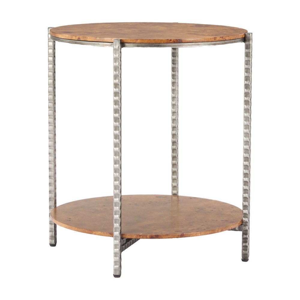 Natural and Silver Wood and Steel Round End Table with Shelf - 22-inch