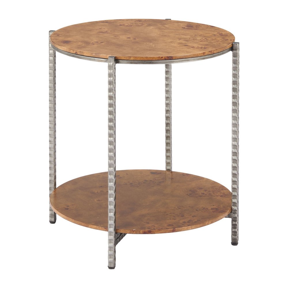 Natural and Silver Wood and Steel Round End Table with Shelf - 22-inch