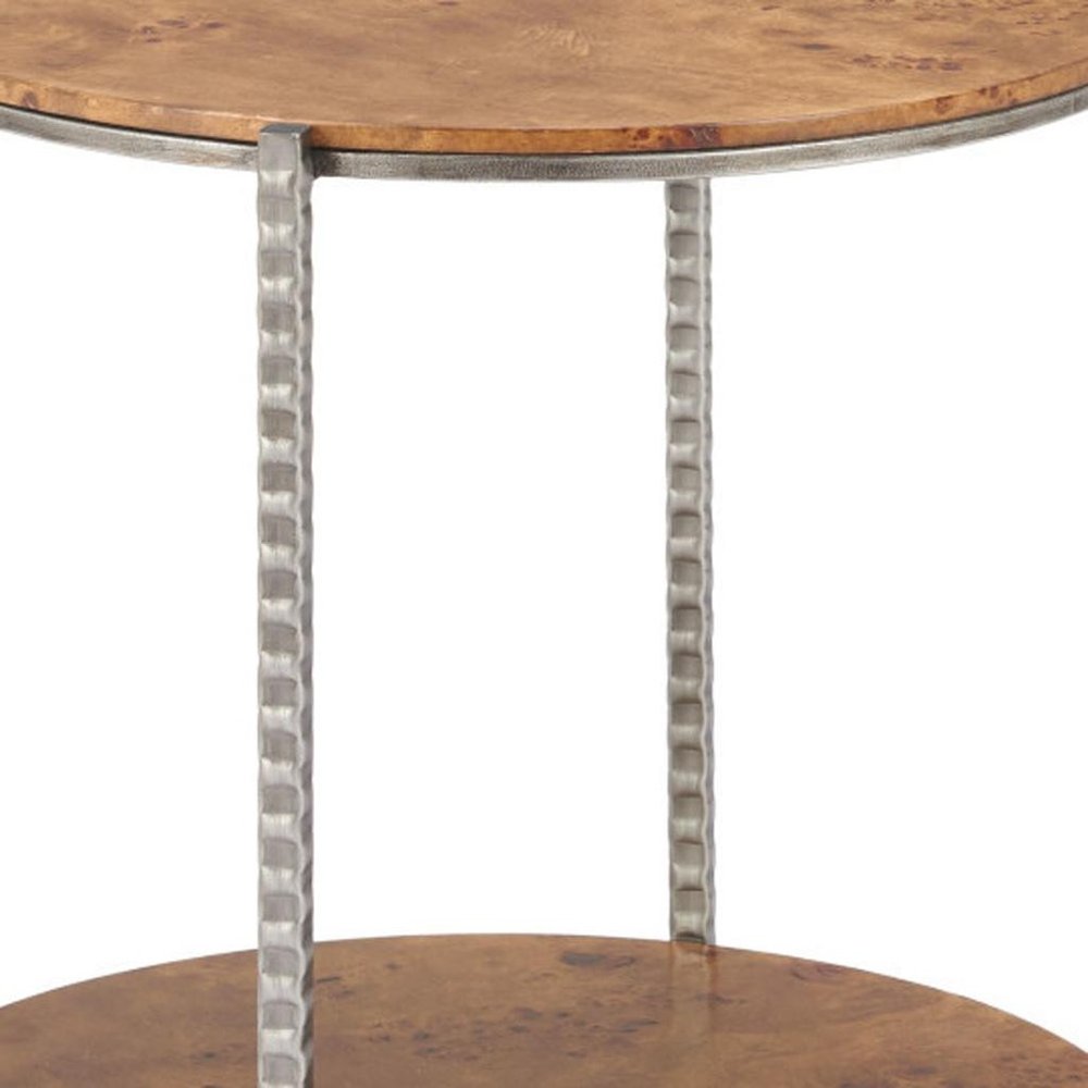 Natural and Silver Wood and Steel Round End Table with Shelf - 22-inch