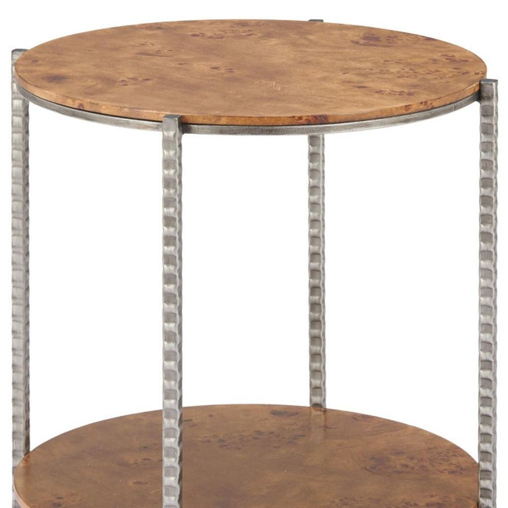 Natural and Silver Wood and Steel Round End Table with Shelf - 22-inch