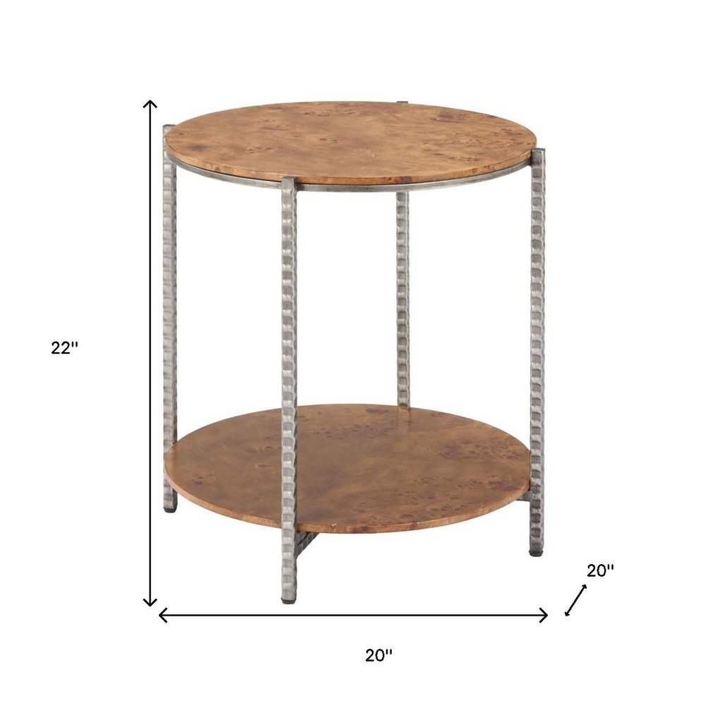 Natural and Silver Wood and Steel Round End Table with Shelf - 22-inch
