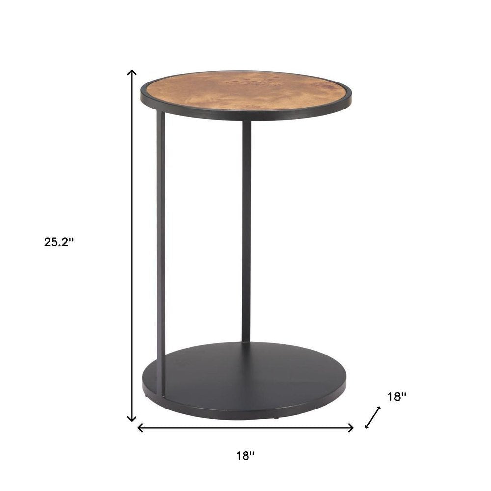 Brown and Black Wood and Iron Round Pedestal End Table - 25-inch