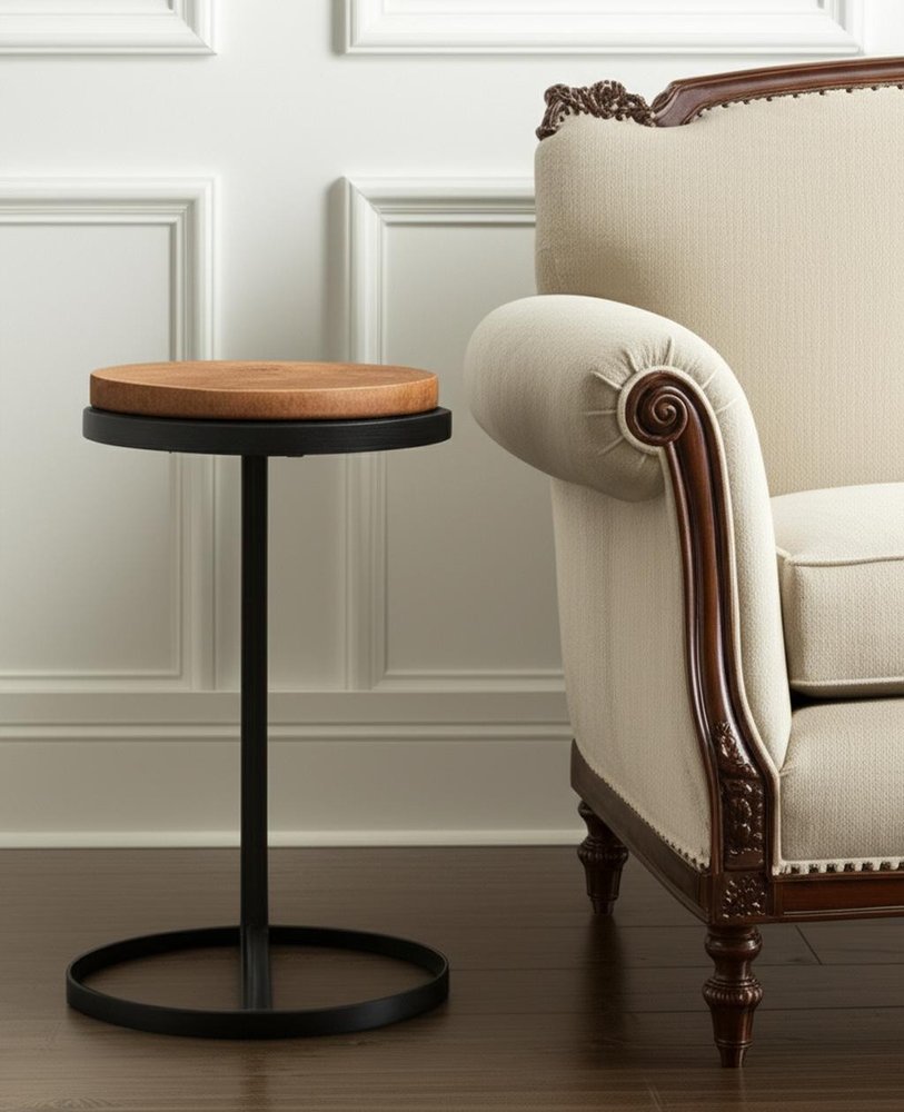 Brown and Black Wood and Iron Round Pedestal End Table - 25-inch