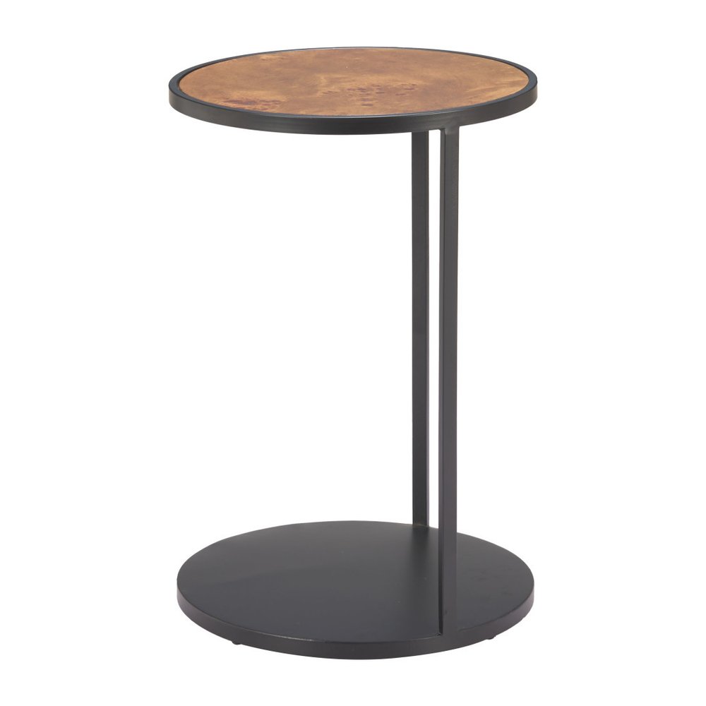Brown and Black Wood and Iron Round Pedestal End Table - 25-inch