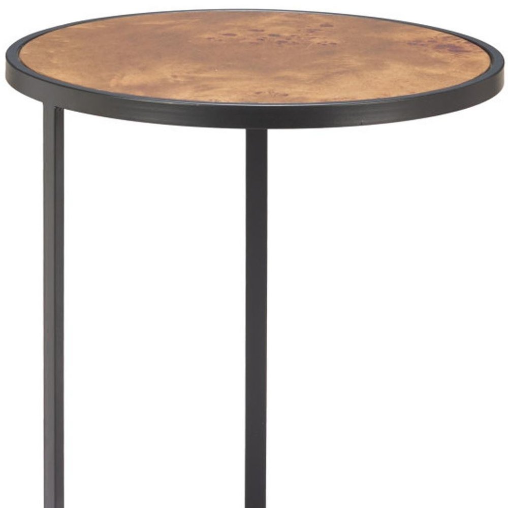 Brown and Black Wood and Iron Round Pedestal End Table - 25-inch
