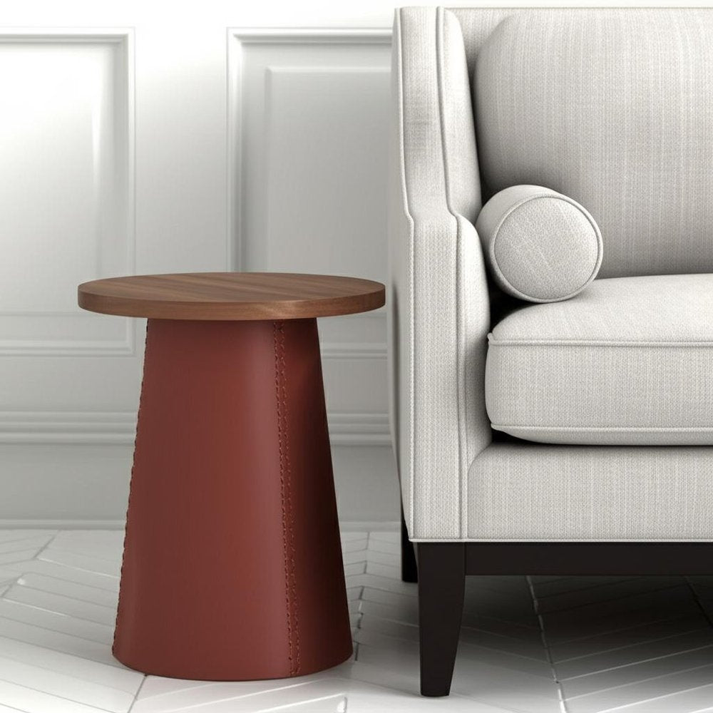 Brown Wood and Faux Leather Round Pedestal End Table - 23-inch