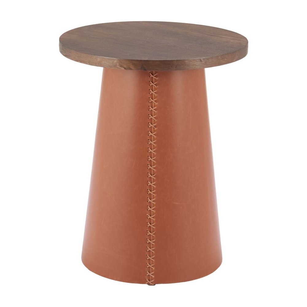 Brown Wood and Faux Leather Round Pedestal End Table - 23-inch