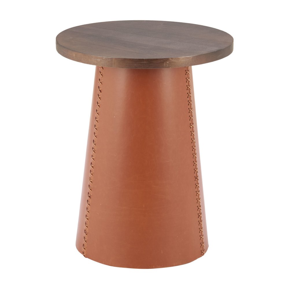 Brown Wood and Faux Leather Round Pedestal End Table - 23-inch