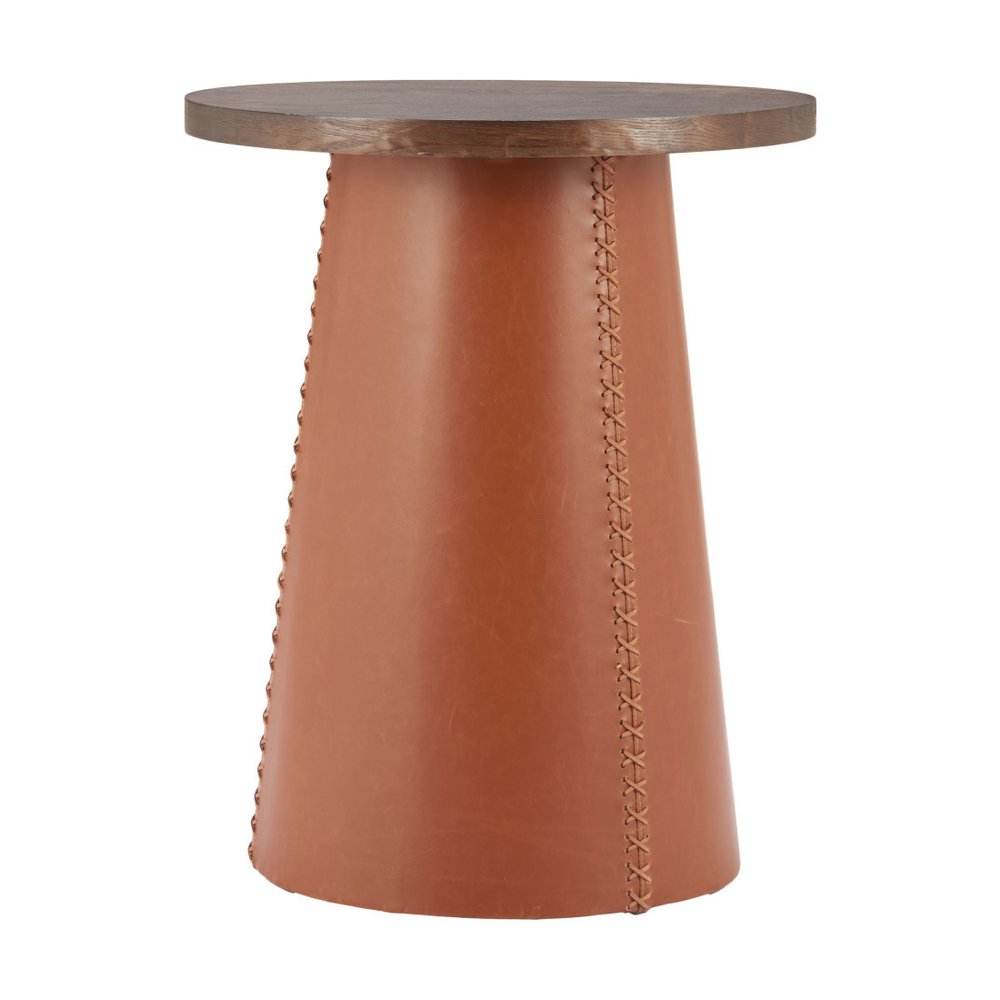 Brown Wood and Faux Leather Round Pedestal End Table - 23-inch
