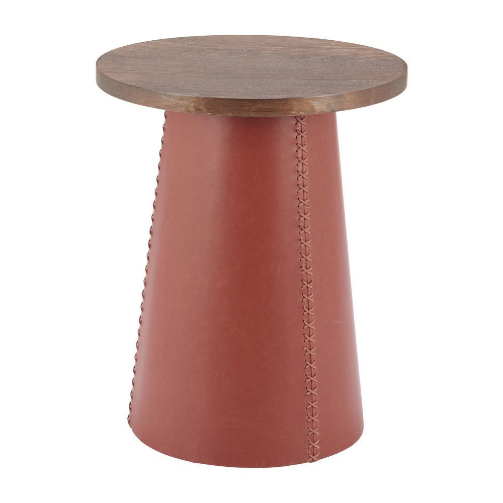 Brown Wood and Faux Leather Round Pedestal End Table - 23-inch