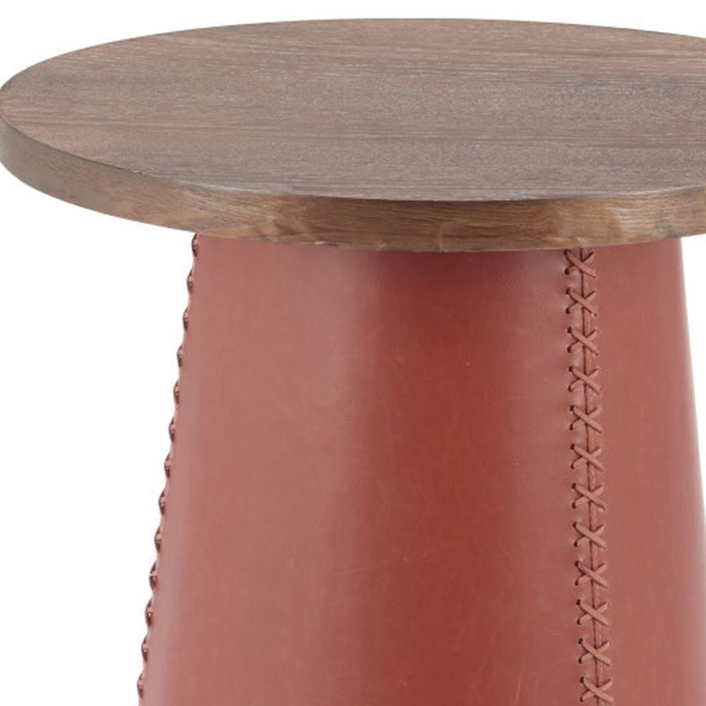 Brown Wood and Faux Leather Round Pedestal End Table - 23-inch