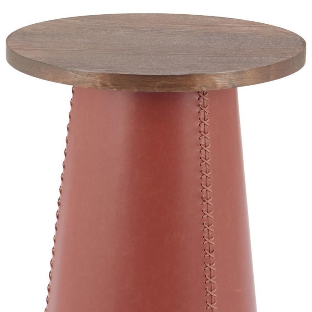 Brown Wood and Faux Leather Round Pedestal End Table - 23-inch