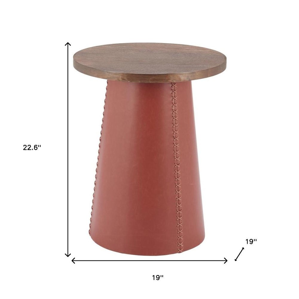 Brown Wood and Faux Leather Round Pedestal End Table - 23-inch